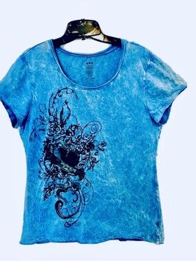 B.R.B Vintage Womens L Love Bird Heart Y2K Rolled Neck & Hem Blue Cotton T-Shirt